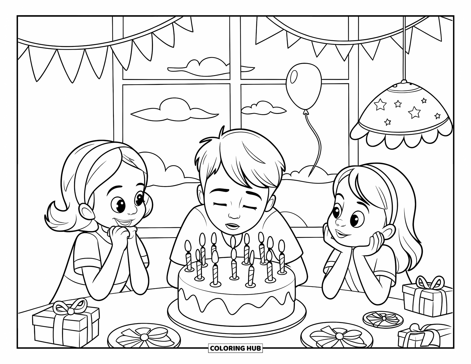 Birthday Party Coloring Page for Kids: Friends gather around a birthday cake as a boy makes a wish