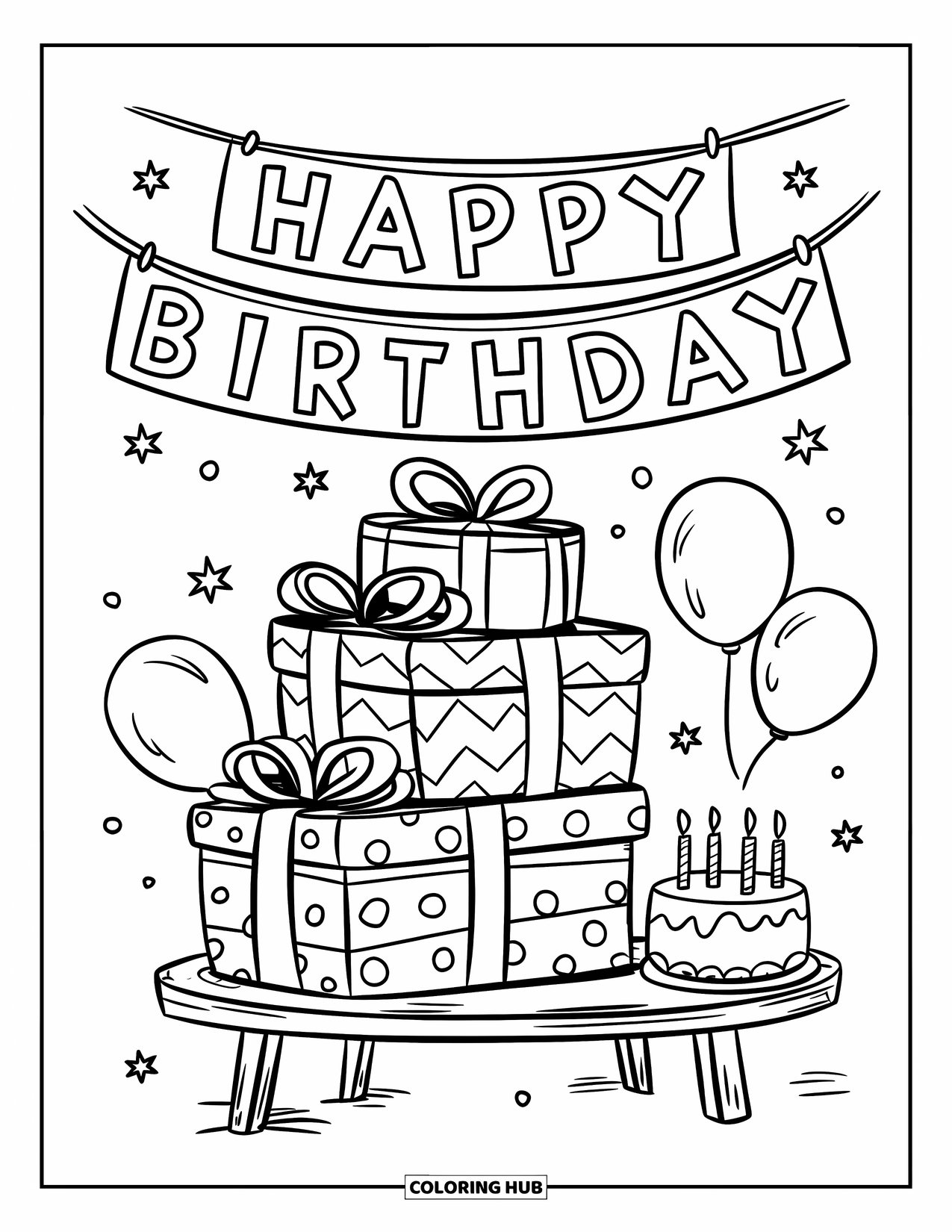 Birthday Party Coloring Page for Kids: Gifts of all shapes are stacked high beneath a hanging party banner