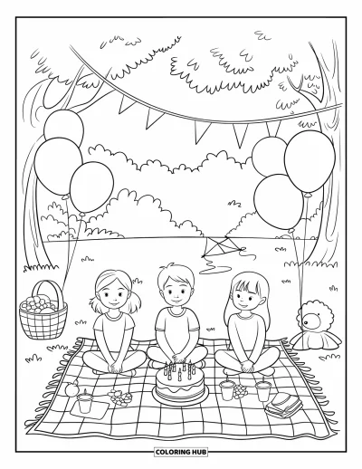 Geburtstagsparty-Ausmalbild für Kinder: Kinder teilen Snacks auf einer Decke unter Ballons und einem wehenden Geburtstags-Banner
