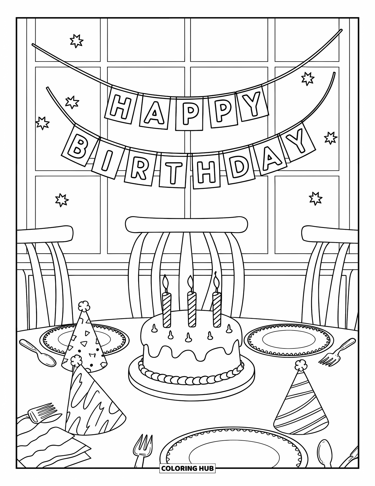 Birthday Party Coloring Page for Kids: The birthday table is set with cake, gifts, and a banner in the background