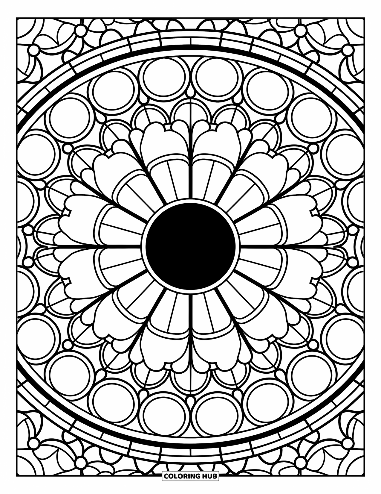 Black Hole Coloring Page for Adults: A black hole glows inside a patterned stained-glass rose window