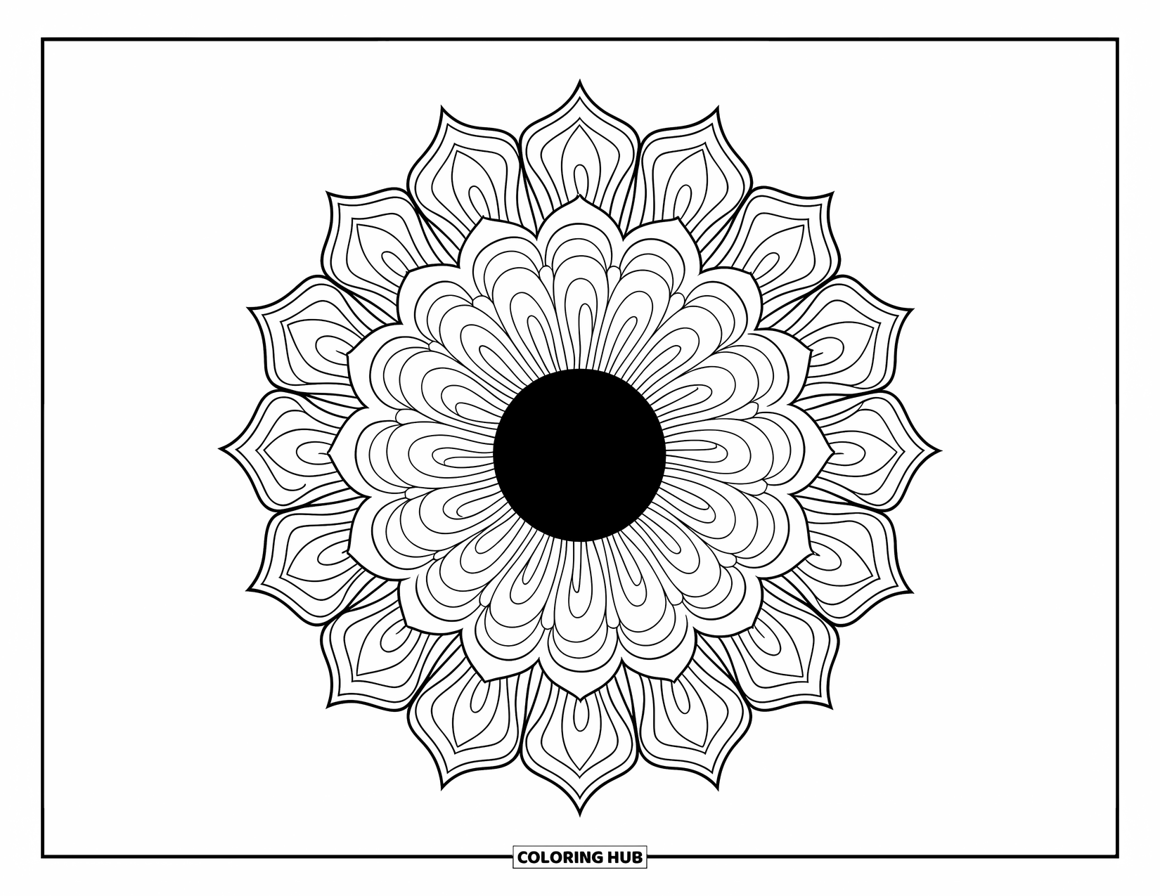 Black Hole Coloring Page for Adults: A black hole with space waves is framed by layered mandala petals