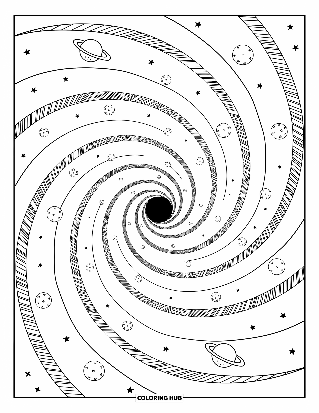 Black Hole Coloring Page for Adults: A calm galaxy swirls around a soft, bold black hole