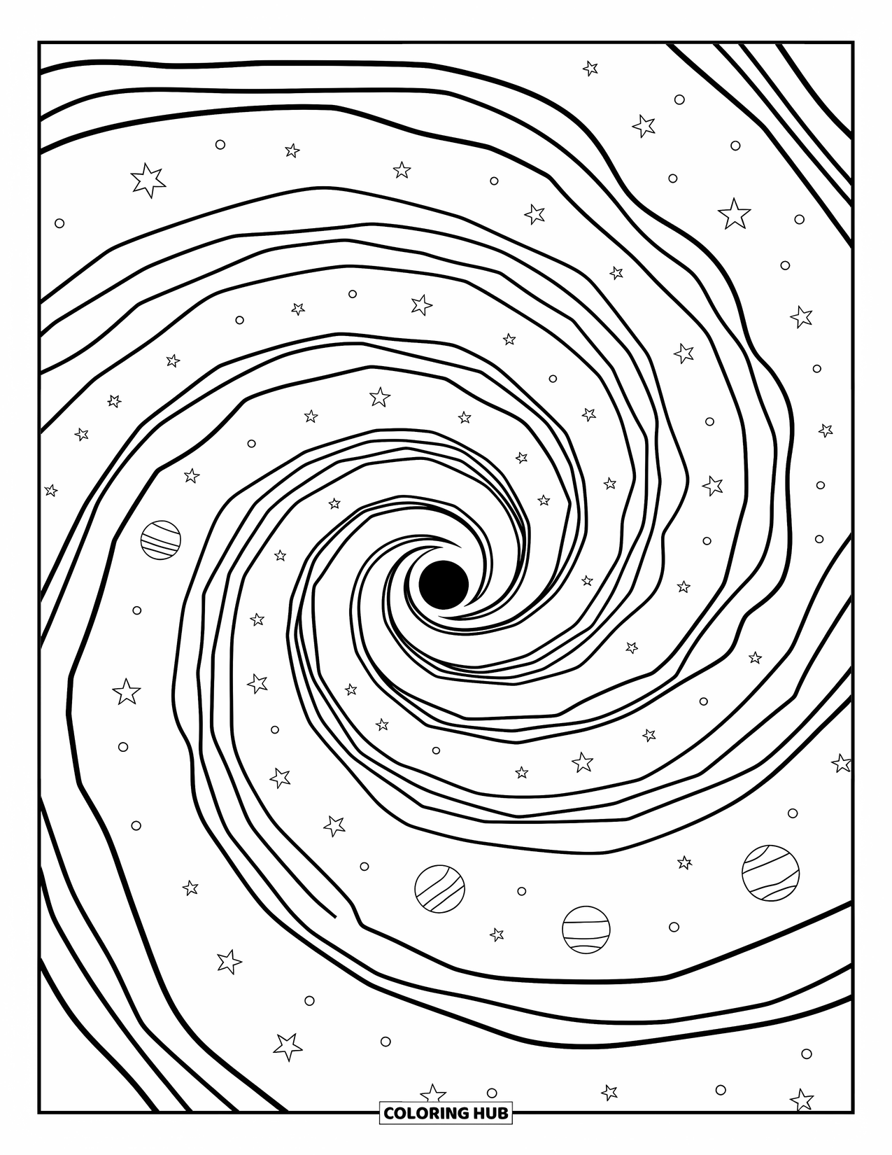 Black Hole Coloring Page for Adults: A cozy galaxy wraps around a bold black hole in space