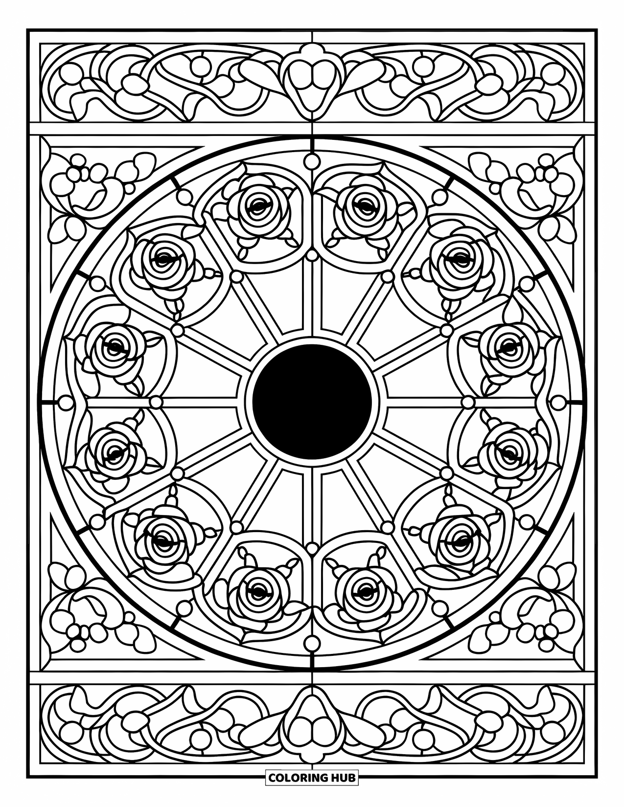 Black Hole Coloring Page for Adults: A detailed rose window surrounds a black hole with leaves and vines