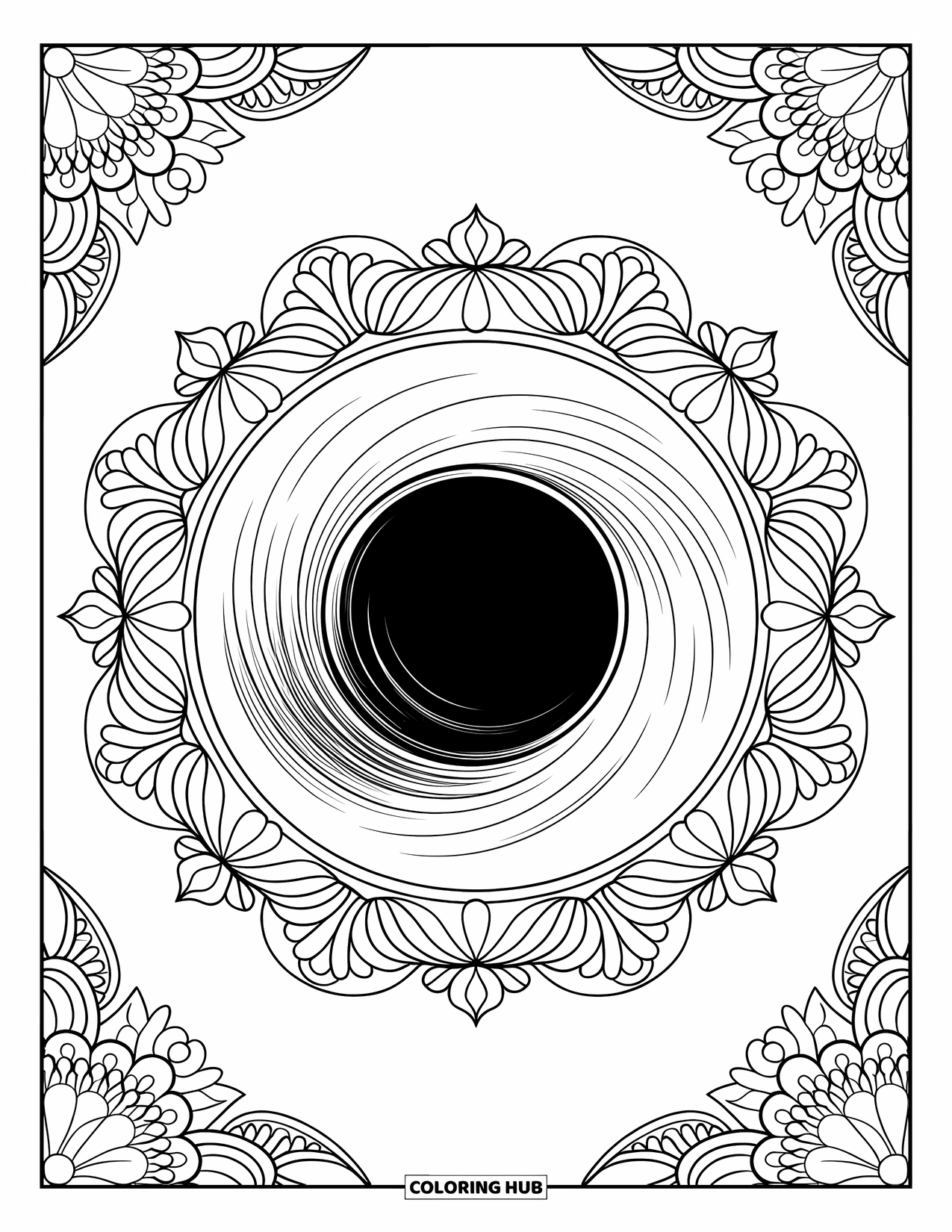 Black Hole Coloring Page for Adults: A floral mandala wraps around a realistic black hole in space