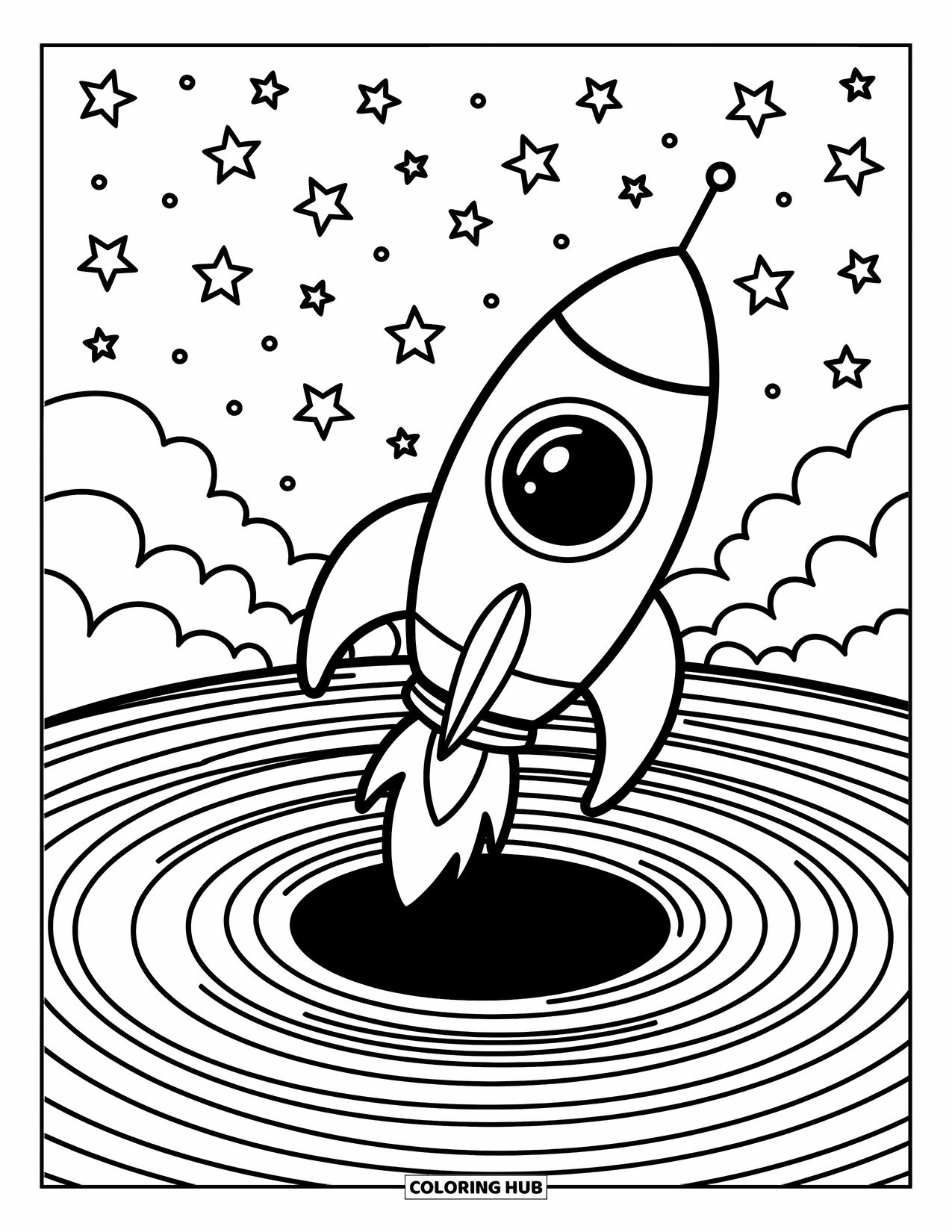 Black Hole Coloring Page for Adults: A simple rocket hovers beside a glowing spiral in space