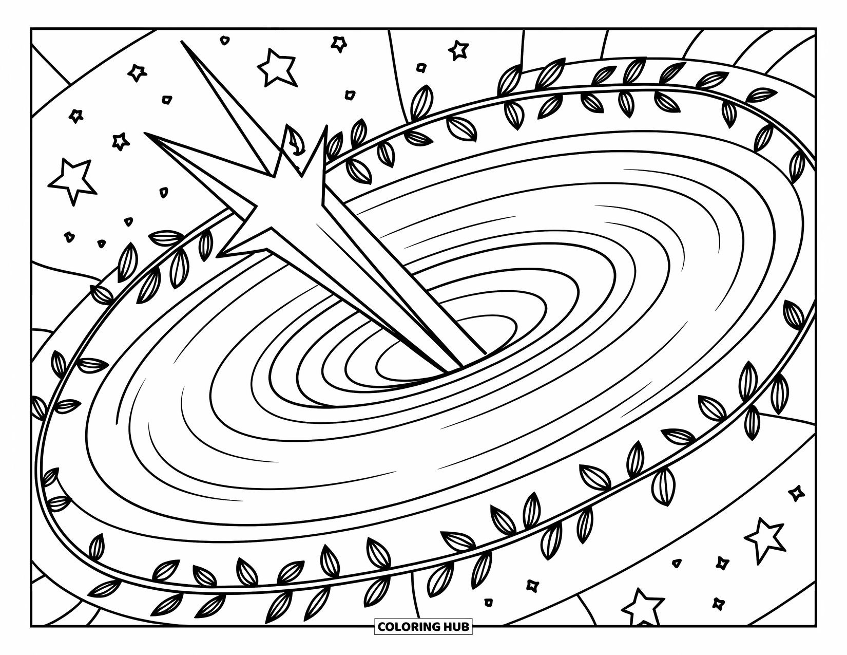 Black Hole Coloring Page for Adults: A star falls into a swirling black hole under stars and galaxies