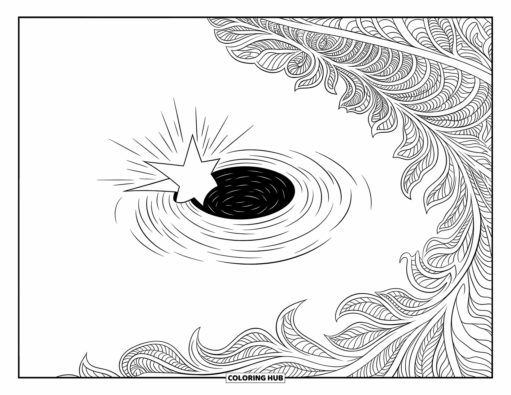 Black Hole Coloring Page for Adults: A swirling black hole pulls in a star with curling vine patterns
