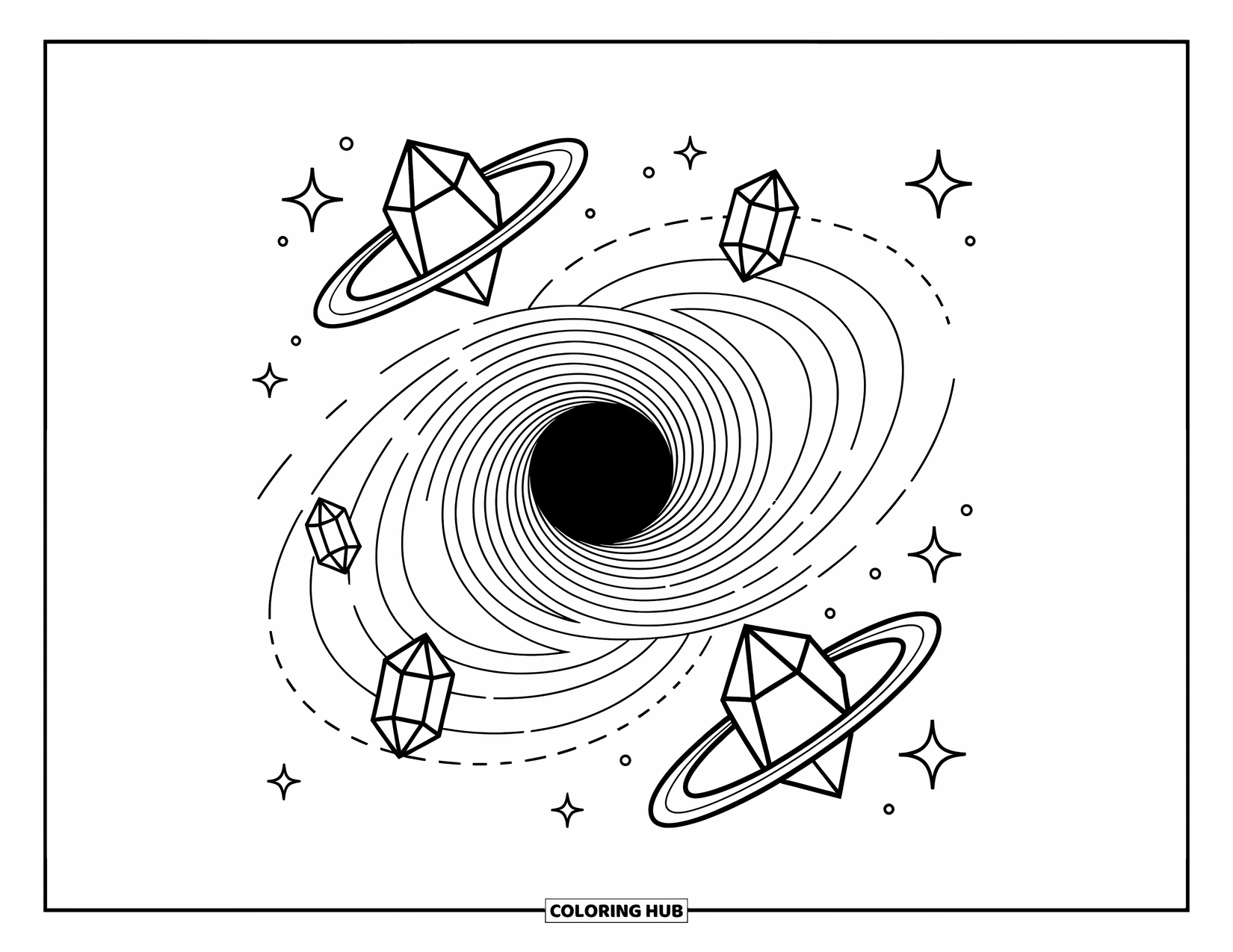 Black Hole Coloring Page for Adults: Geometric space crystals spiral into a playful black hole