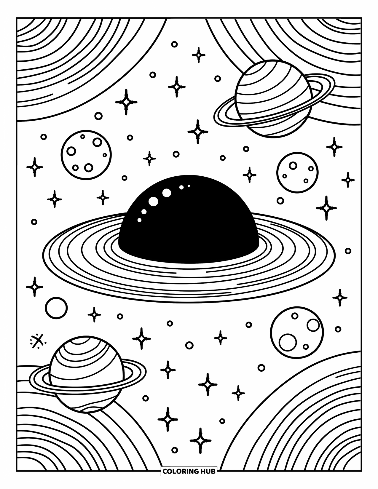 Black Hole Coloring Page for Adults: Planets and moons orbit a black hole surrounded by glowing stars