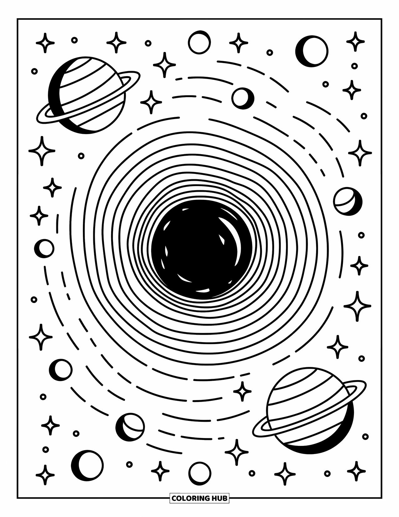 Black Hole Coloring Page for Adults: Round planets and moons circle a black hole in a peaceful galaxy