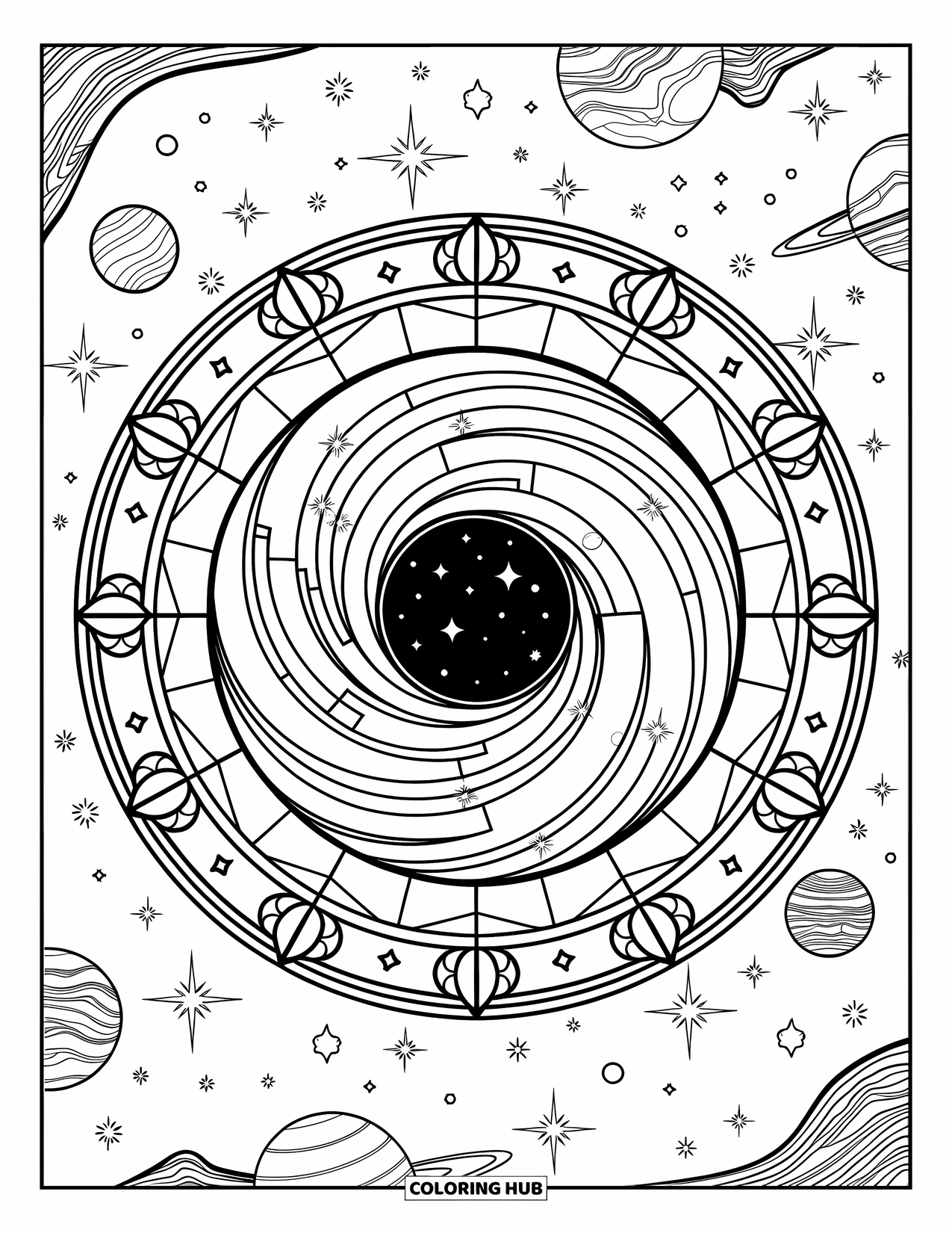 Black Hole Coloring Page for Adults: Stars and planets surround a black hole in a stained-glass frame