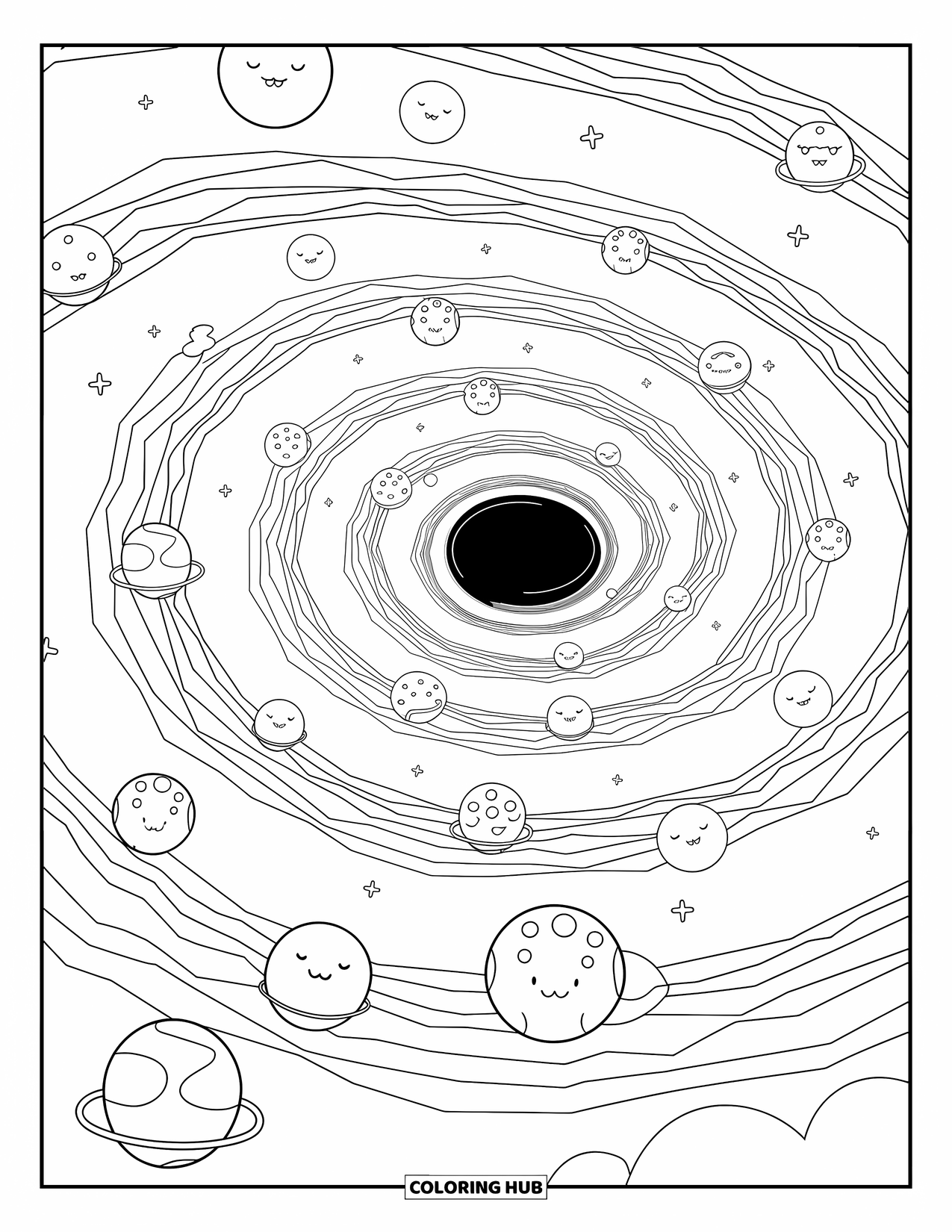 Black Hole Coloring Page for Adults: Stars, planets, and space rocks swirl around a gentle black hole