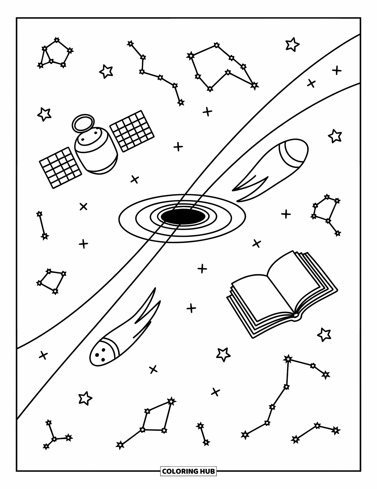 Black Hole Coloring Page for Adults: Tiny space objects float toward a black hole under twinkling stars