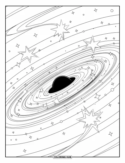 Fekete lyuk kifestő gyerekeknek: Egy fekete lyuk csillagokat húz maga felé egy ívelt galaxis mentén