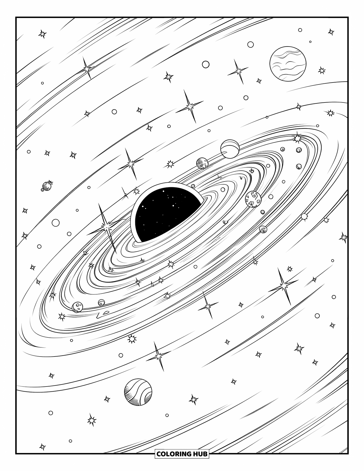 Black Hole Coloring Page for Kids: A galaxy is slowly pulled into a powerful black hole
