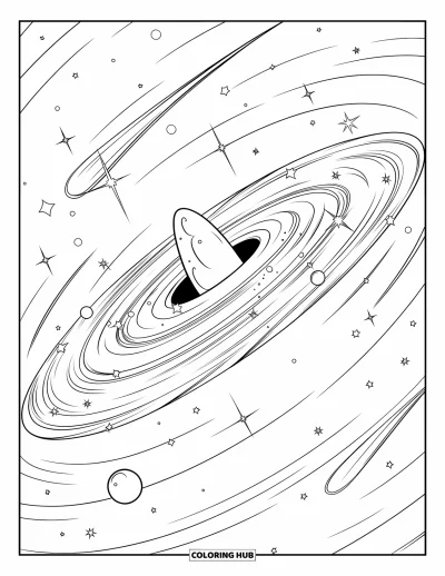 Fekete lyuk kifestő gyerekeknek: Egy izzó fekete lyuk magába húzza egy galaxis csillagait