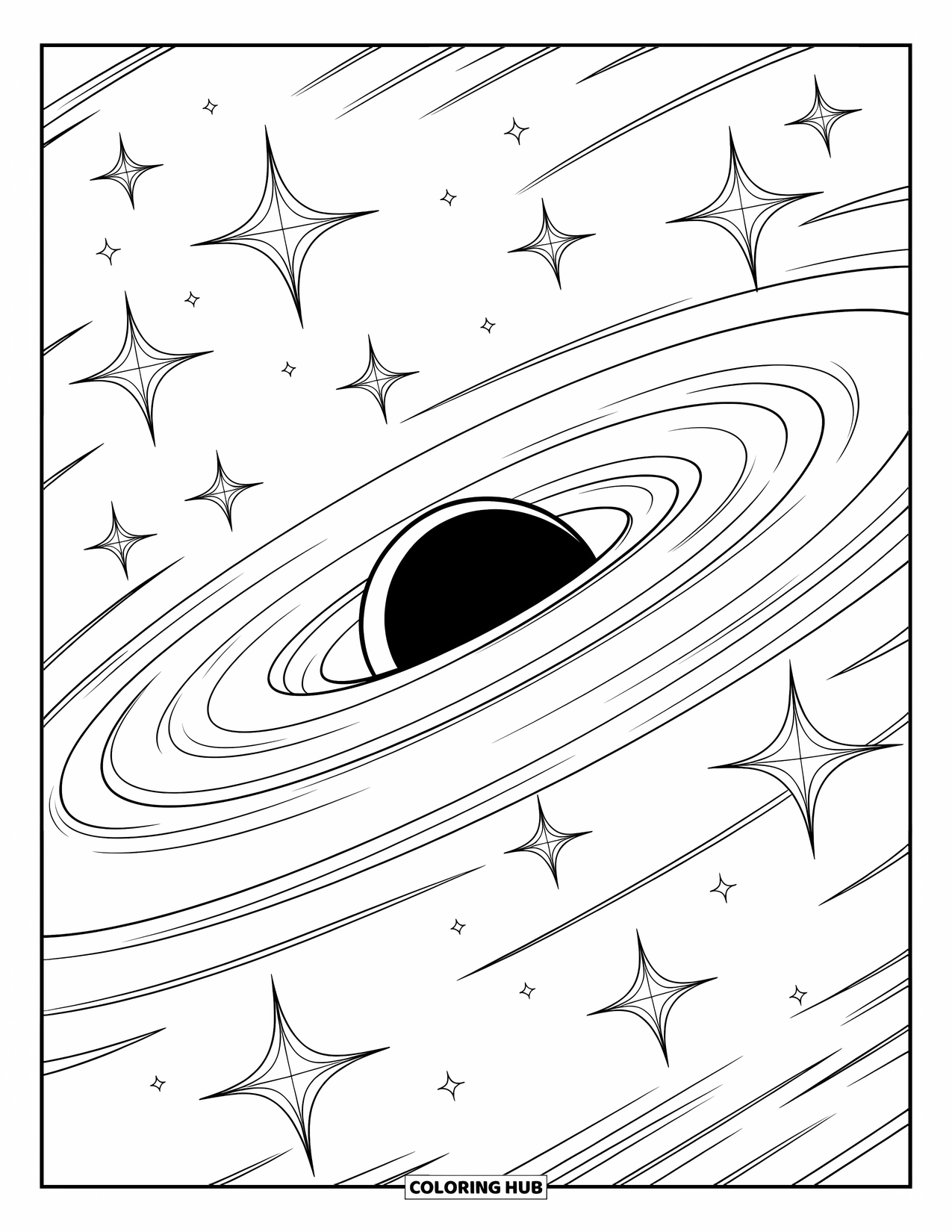 Black Hole Coloring Page for Kids: A massive black hole bends light in a sky full of stars