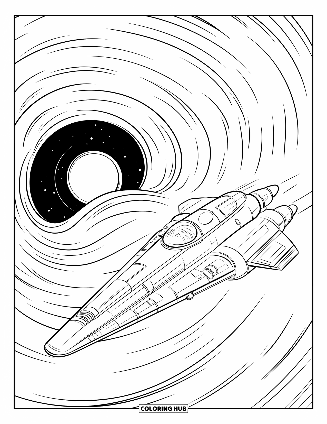 Black Hole Coloring Page for Kids: A retro spaceship is pulled toward a swirling black hole