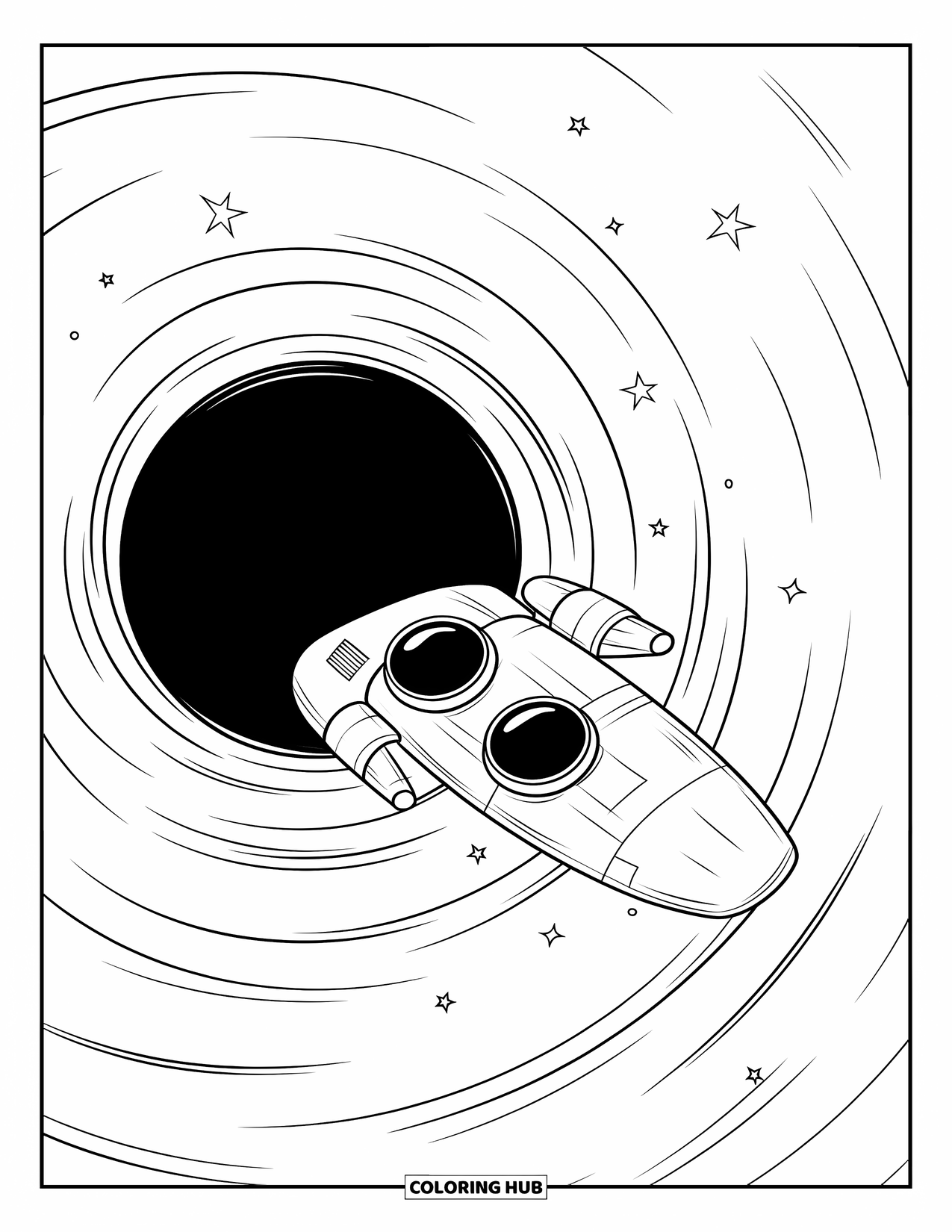 Black Hole Coloring Page for Kids: A rocket floats near a huge black hole and distant stars