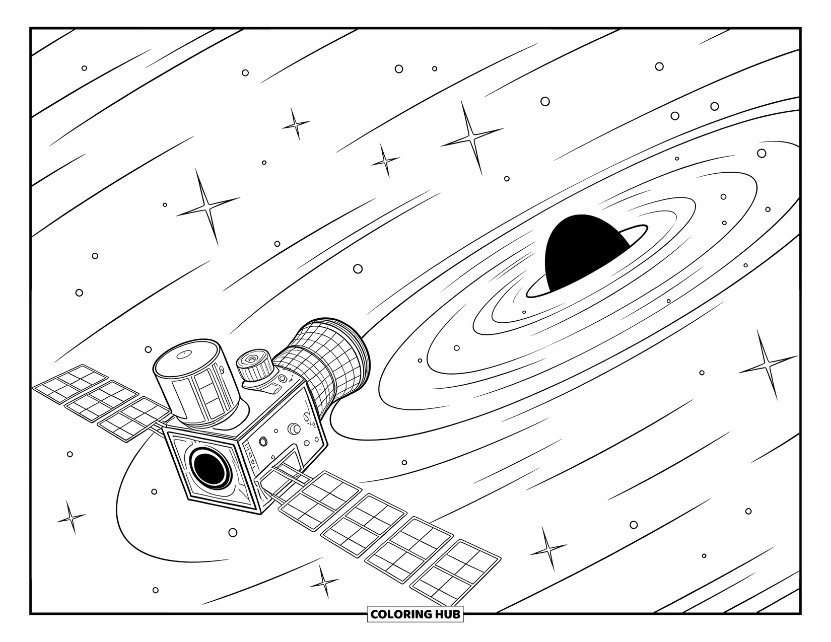 Black Hole Coloring Page for Kids: A satellite aims its camera at a glowing black hole