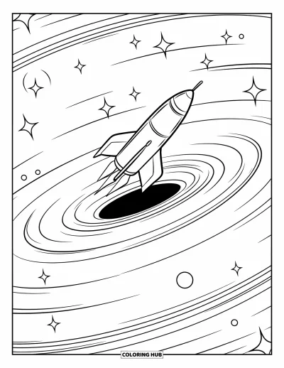 Fekete lyuk kifestő gyerekeknek: Egy kis űrhajó közeledik egy sötét, örvénylő fekete lyuk felé