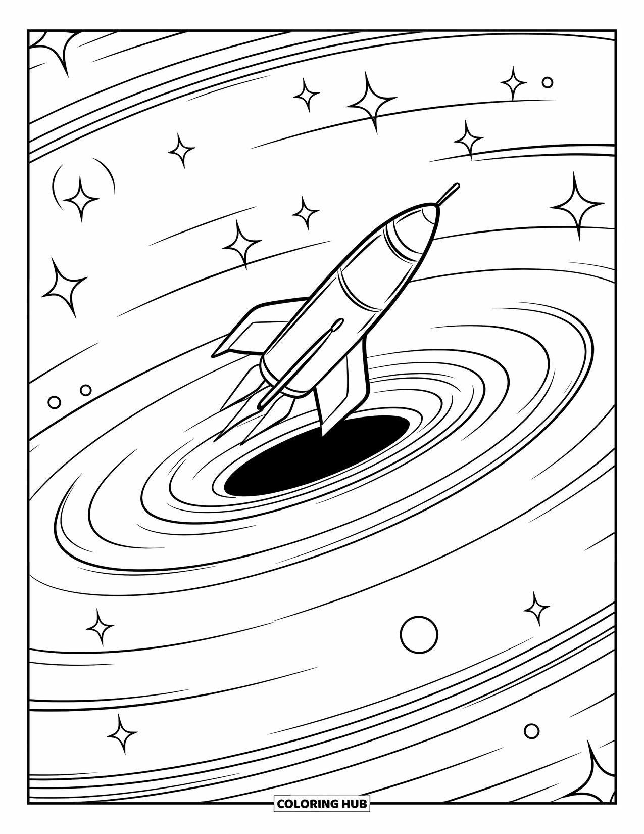 Black Hole Coloring Page for Kids: A small spaceship is tugged toward a dark swirling black hole