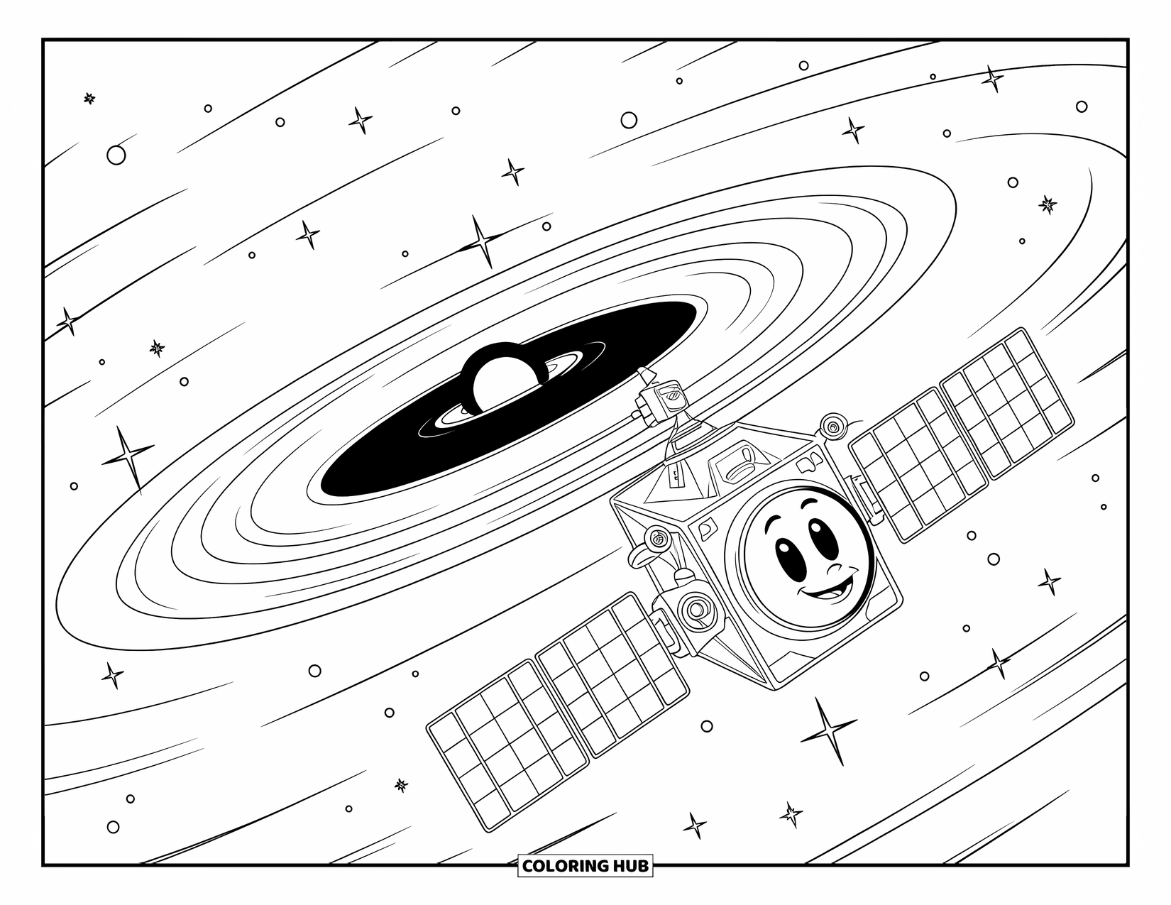 Black Hole Coloring Page for Kids: A smiling satellite snaps pictures of a swirling black hole