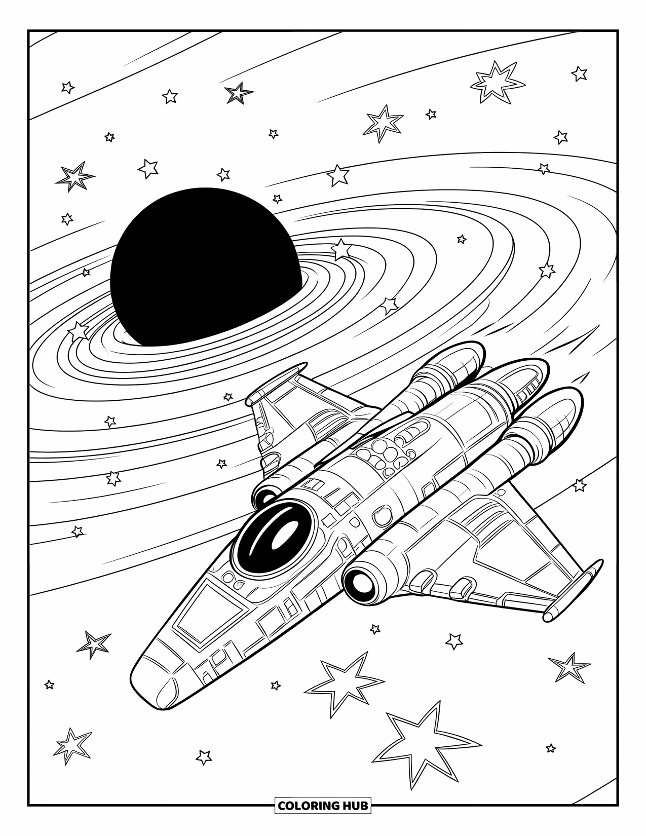 Black Hole Coloring Page for Kids: A spaceship with a round window glides near a black hole and stars