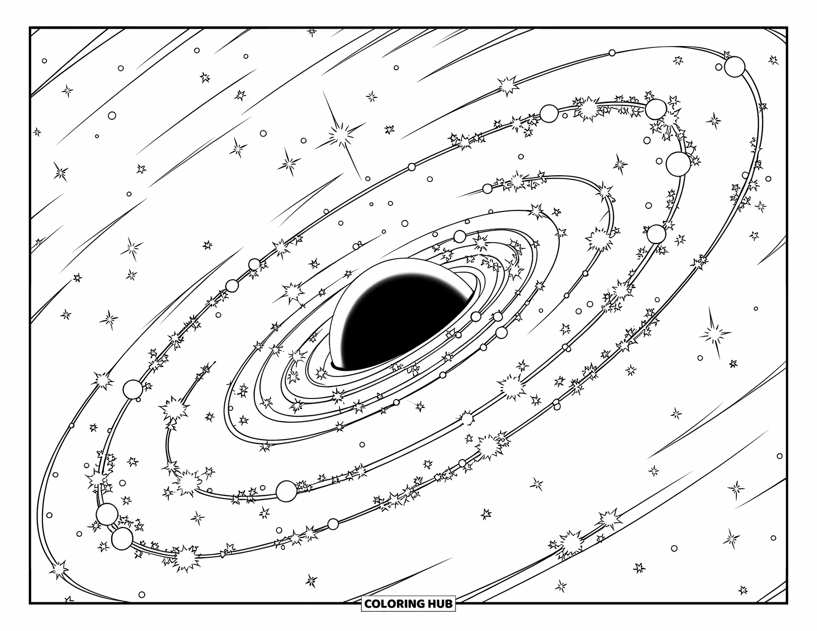 Black Hole Coloring Page for Kids: A spiral galaxy spins around a dark black hole in space