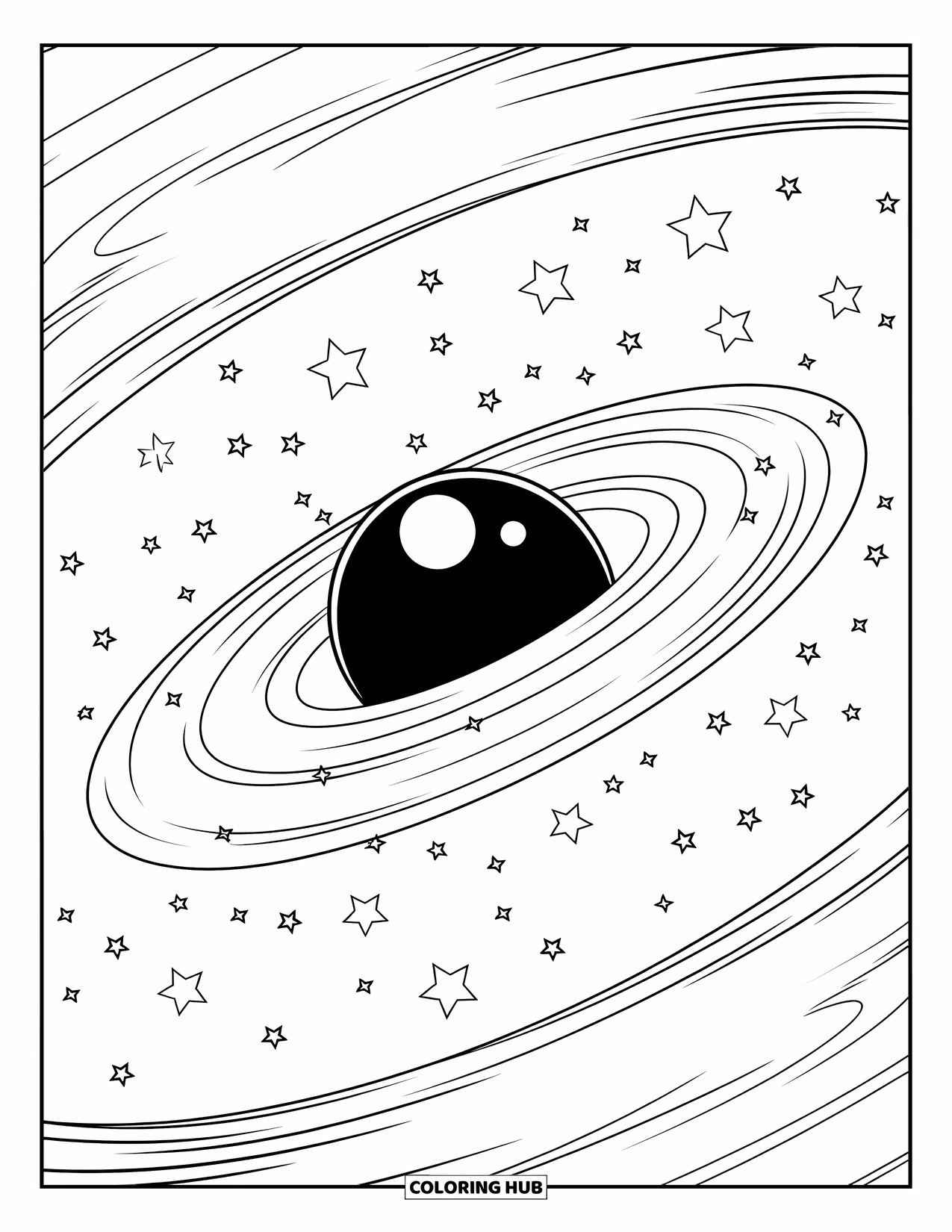Black Hole Coloring Page for Kids: A swirling black hole floats in the middle of a starry sky