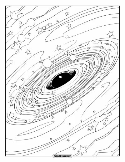 Fekete lyuk kifestő gyerekeknek: Egy örvénylő galaxis tekeredik egy fekete lyuk széle köré
