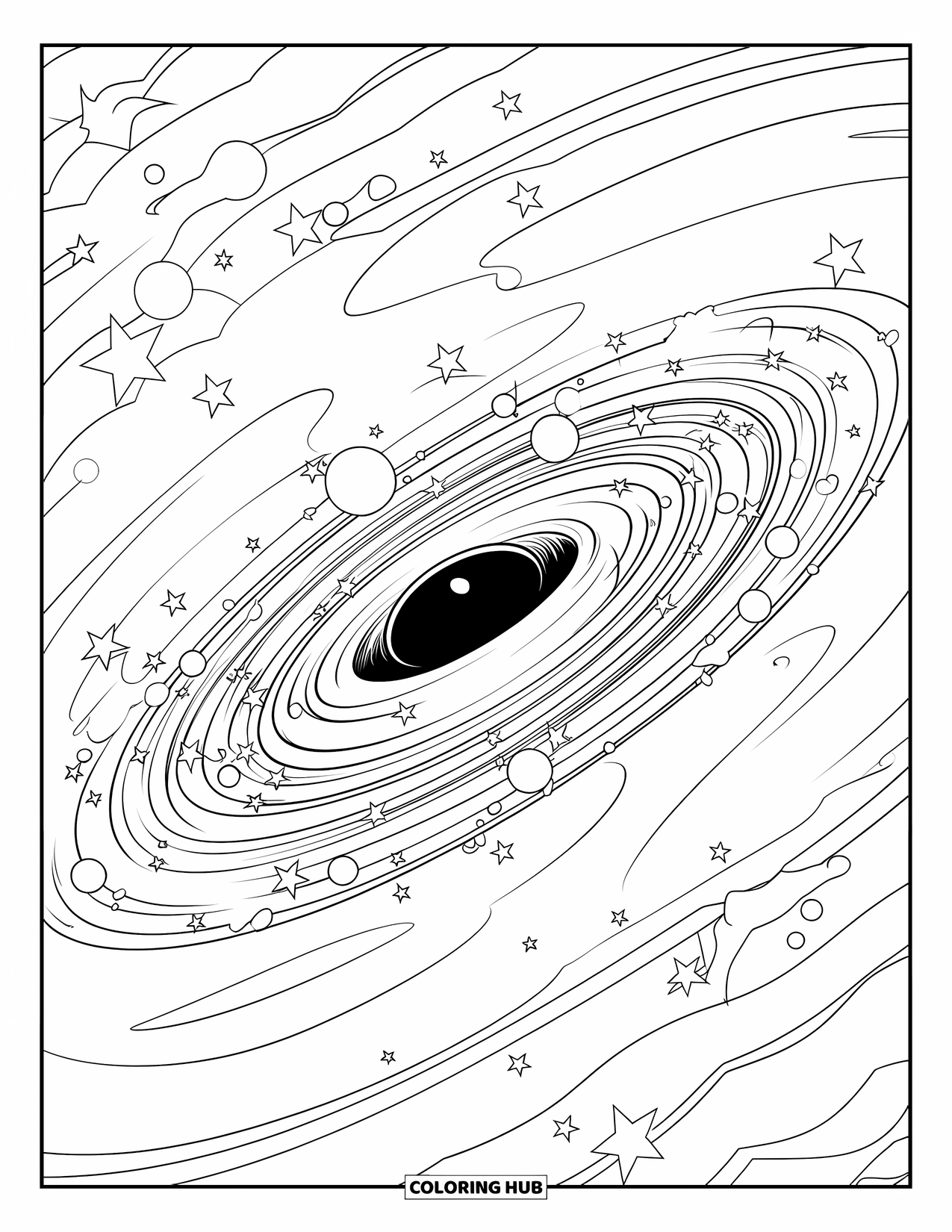 Black Hole Coloring Page for Kids: A swirling galaxy wraps around the edge of a black hole