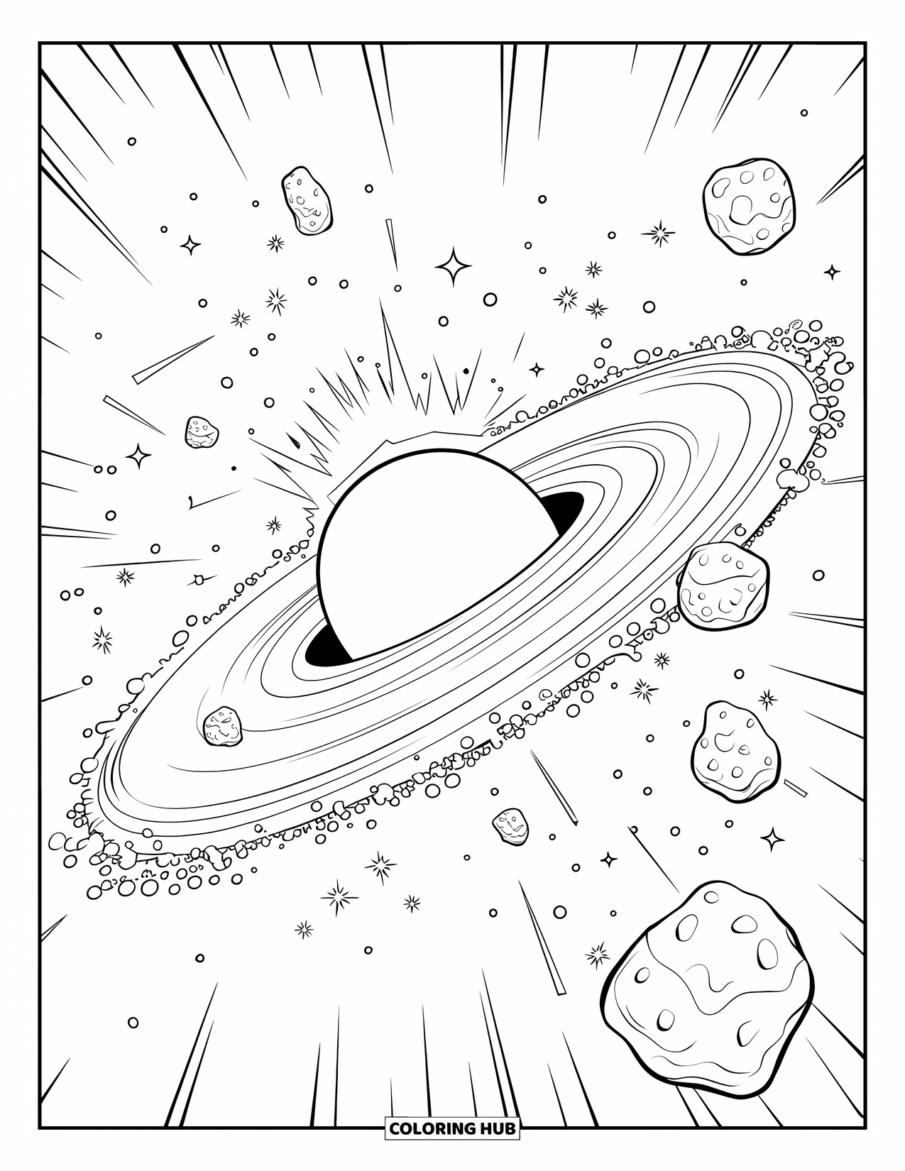Black Hole Coloring Page for Kids: Asteroids and dust orbit a black hole's bright outer ring