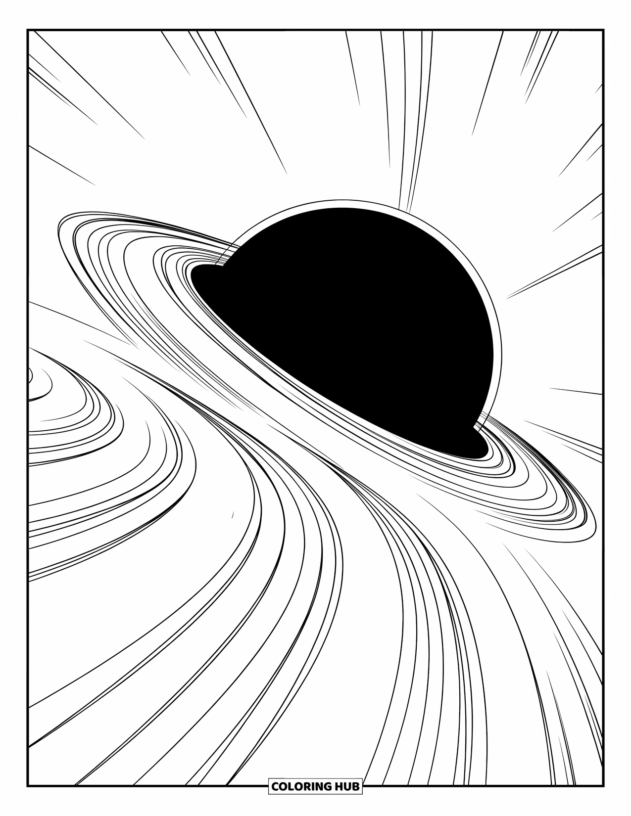Black Hole Coloring Page for Kids: Bright trails swirl around a black hole in the starry sky