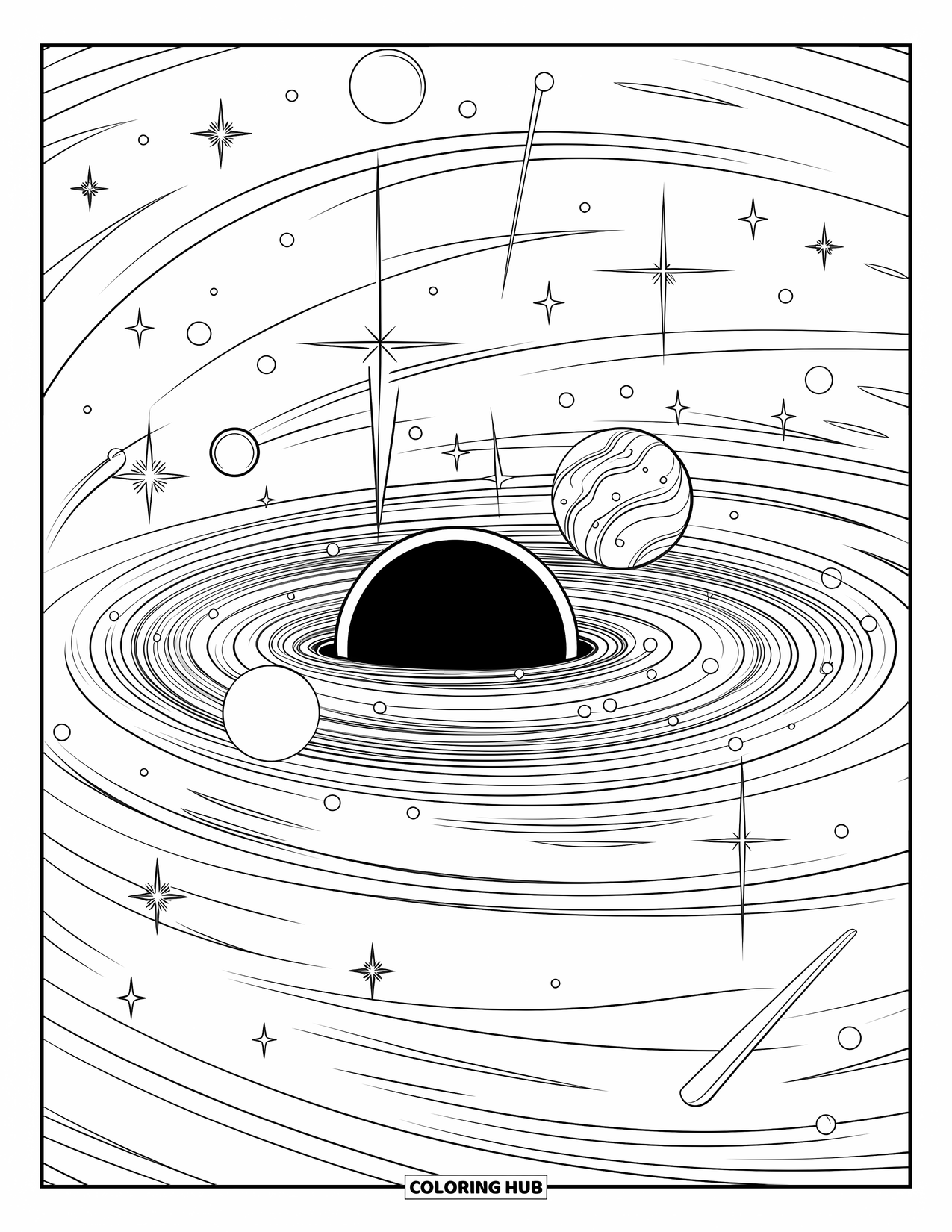 Black Hole Coloring Page for Kids: Stars and planets spiral around a black hole's glowing edge