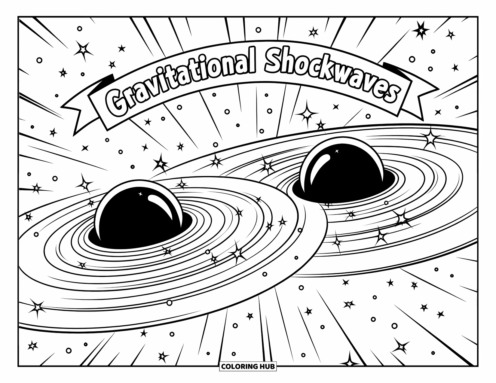 Black Hole Coloring Page for Kids: Twin black holes spin together, creating spiraling shockwaves in space