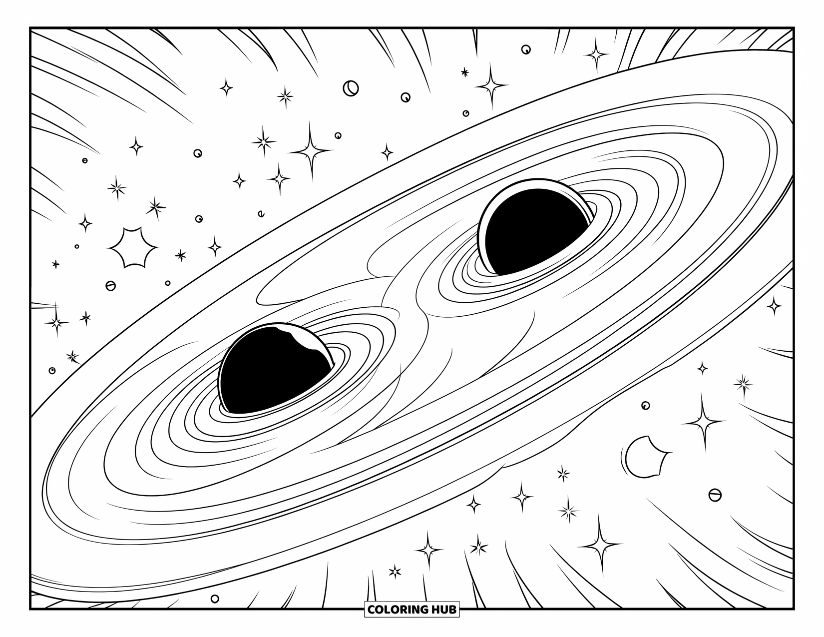 Black Hole Coloring Page for Kids: Two black holes collide, sending ripples through a star-filled galaxy