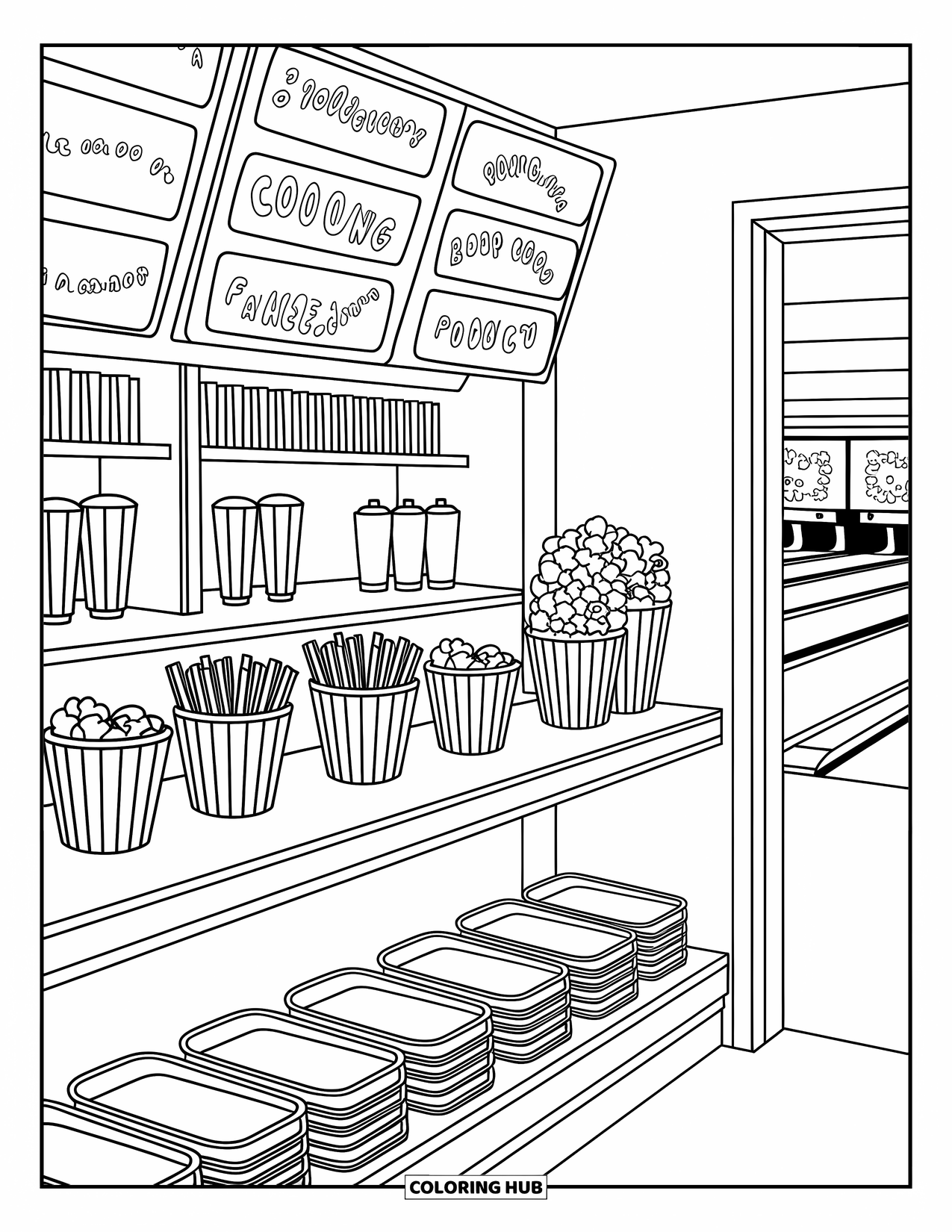 Bowling Coloring Page for Adults: A bowling alley snack bar with trays, menus, and cheerful treats