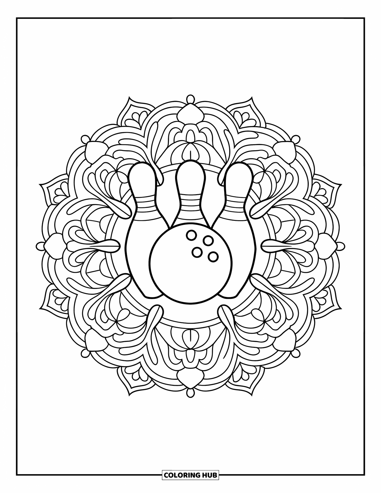 Bowling Coloring Page for Adults: A bowling ball centered within a detailed floral mandala