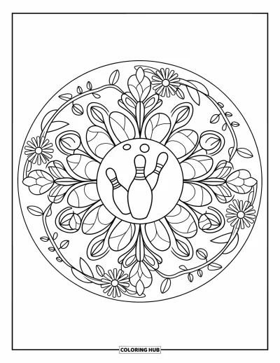Coloriage de bowling pour adultes : Une boule de bowling inscrite dans un mandala circulaire de fleurs et de feuilles