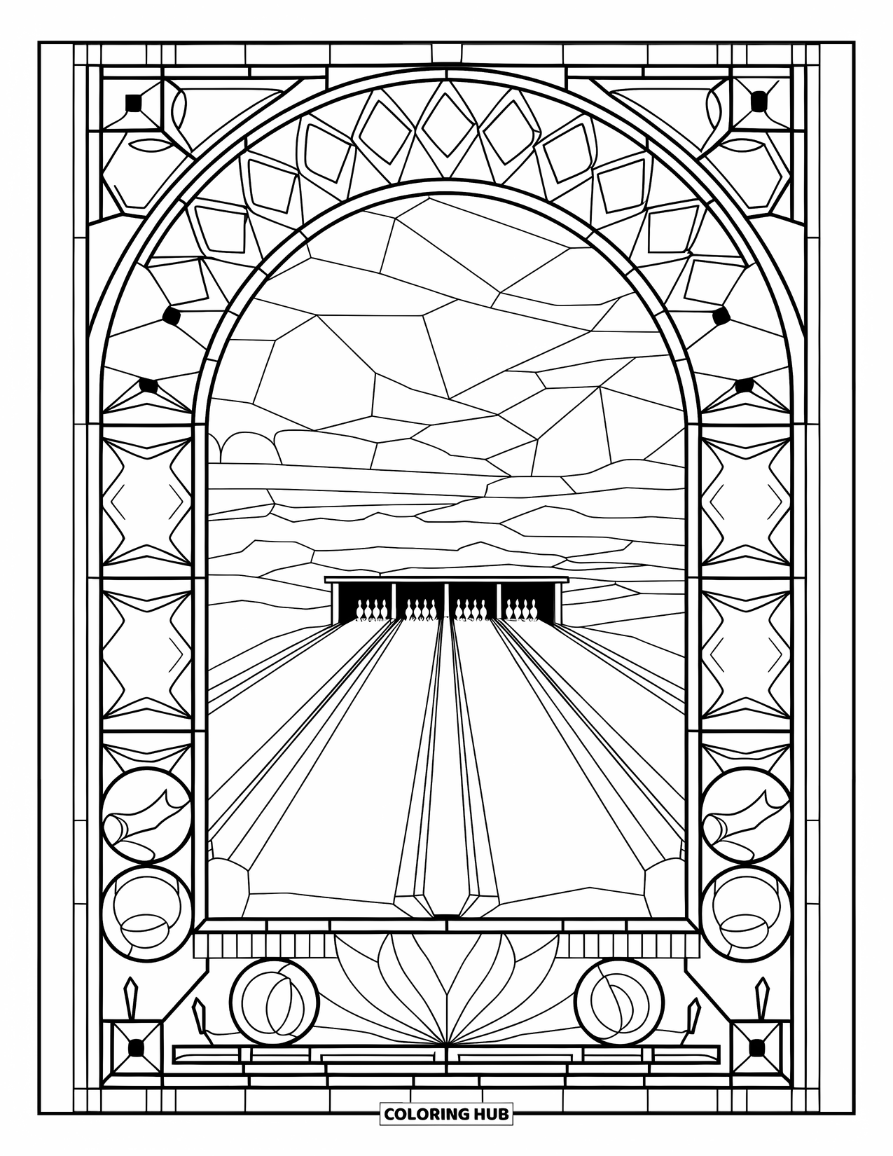 Bowling Coloring Page for Adults: A bowling lane seen through a geometric stained-glass frame