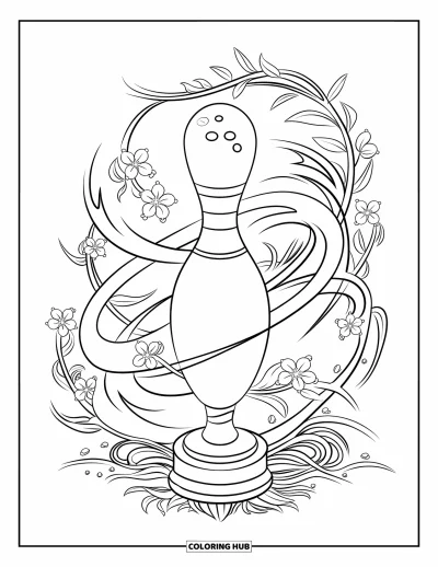 Coloriage de bowling pour adultes : Un trophée de bowling enrubanné de lianes et de fleurs épanouies