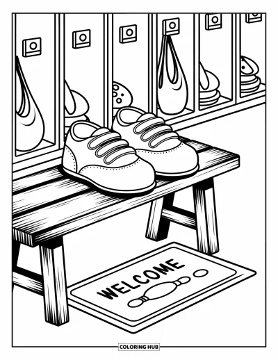 Coloriage de bowling pour adultes : Un vestiaire chaleureux avec des chaussures de bowling et un tapis à motifs