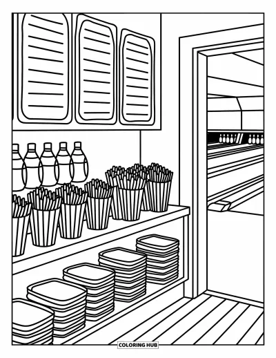 Coloriage de bowling pour adultes : Un comptoir snack accueillant garni de frites, sodas et sacs de popcorn