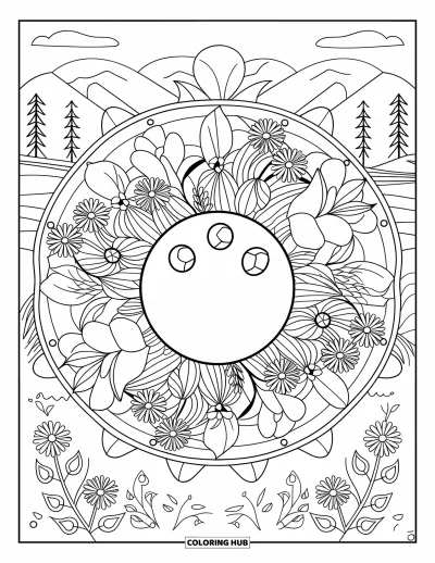 Coloriage de bowling pour adultes : Un mandala floral autour d'une boule de bowling avec la nature en arrière-plan