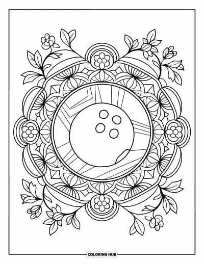 Coloriage de bowling pour adultes : Un mandala floral mettant en valeur une boule de bowling entourée de lianes