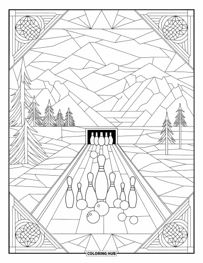 Coloriage de bowling pour adultes : Un cadre géométrique montrant une piste de bowling avec quilles et boules