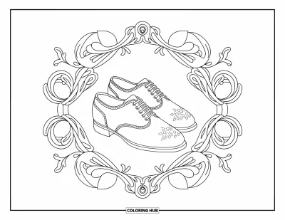 Coloriage de bowling pour adultes : Une paire de chaussures de bowling détaillées entourée de volutes florales